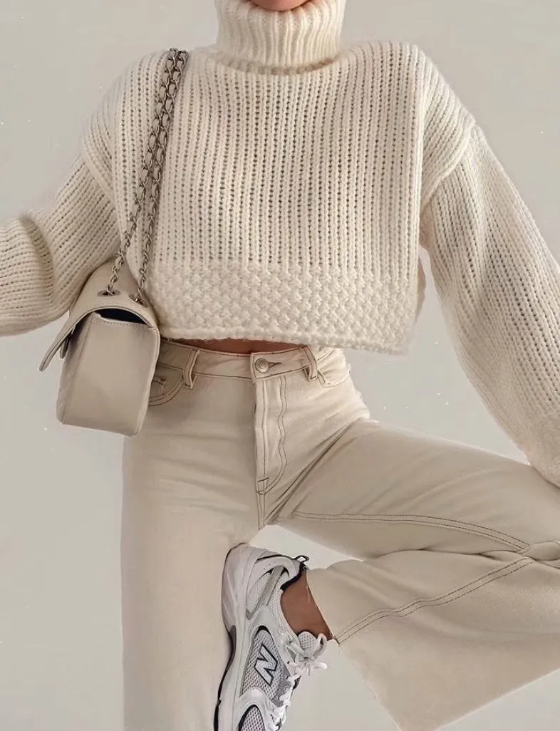 Knit Lantern Sleeve High Collar Crop Tops Sweaters