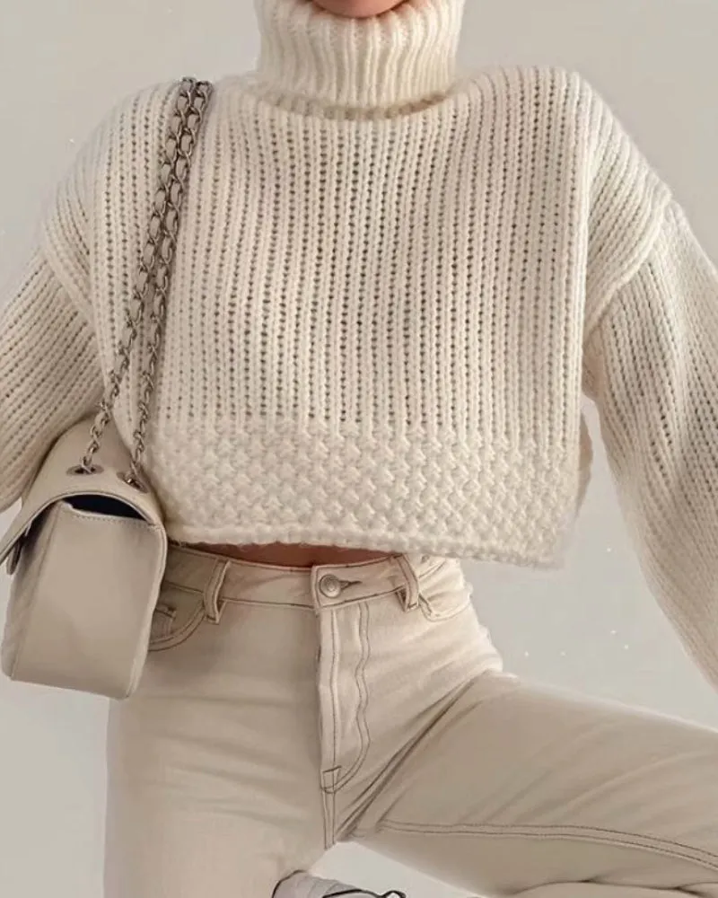 Knit Lantern Sleeve High Collar Crop Tops Sweaters