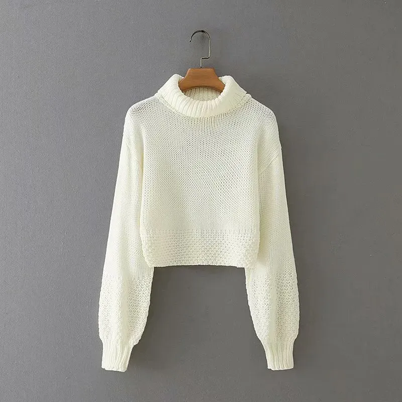 Knit Lantern Sleeve High Collar Crop Tops Sweaters