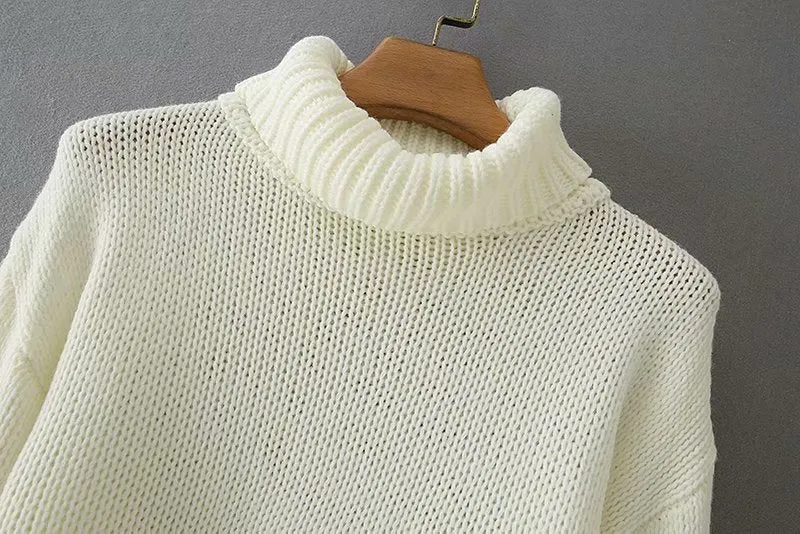 Knit Lantern Sleeve High Collar Crop Tops Sweaters