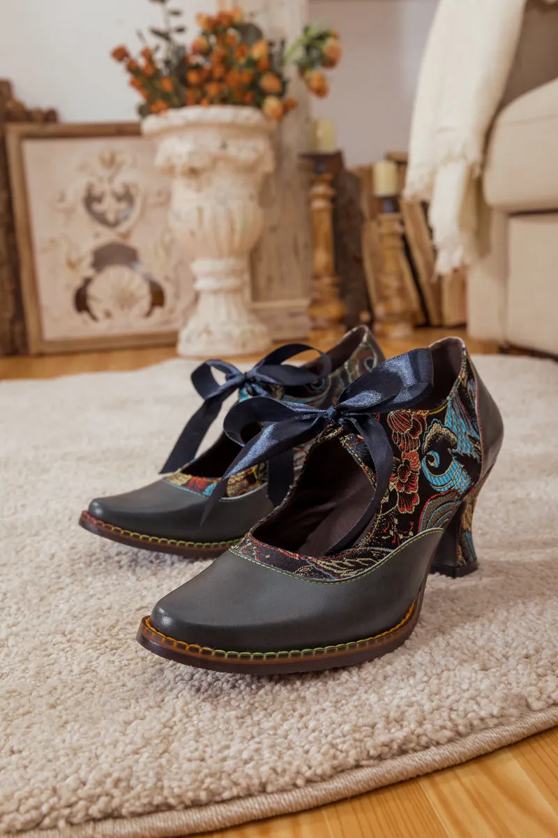 Lace Bow Navy Leather Mary Jane Pump