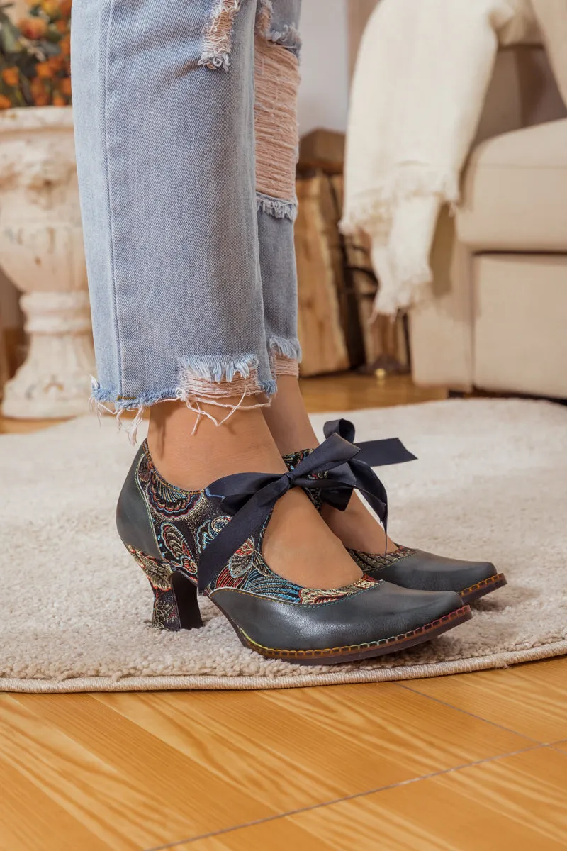 Lace Bow Navy Leather Mary Jane Pump