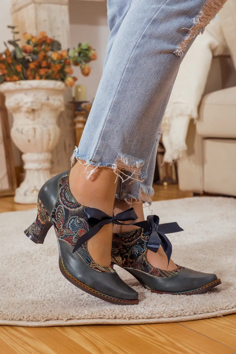 Lace Bow Navy Leather Mary Jane Pump