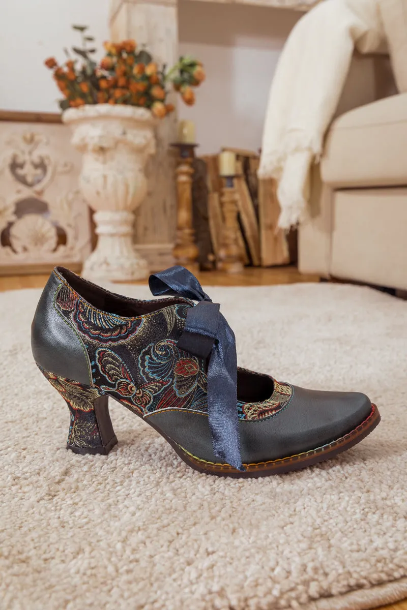 Lace Bow Navy Leather Mary Jane Pump