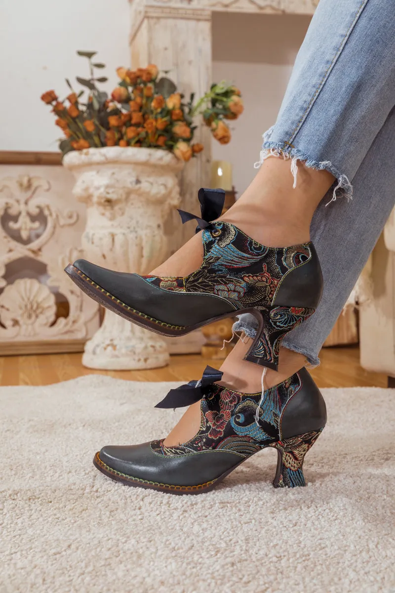 Lace Bow Navy Leather Mary Jane Pump