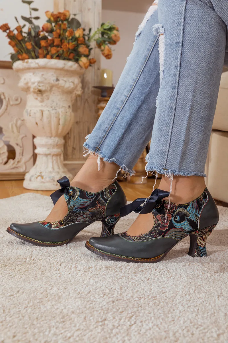 Lace Bow Navy Leather Mary Jane Pump