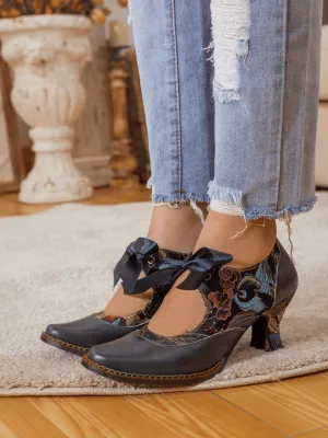 Lace Bow Navy Leather Mary Jane Pump