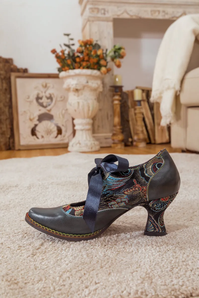 Lace Bow Navy Leather Mary Jane Pump