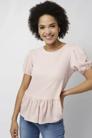 Ladies Peplum Puff Sleeve Crinkle Top - Light Pink
