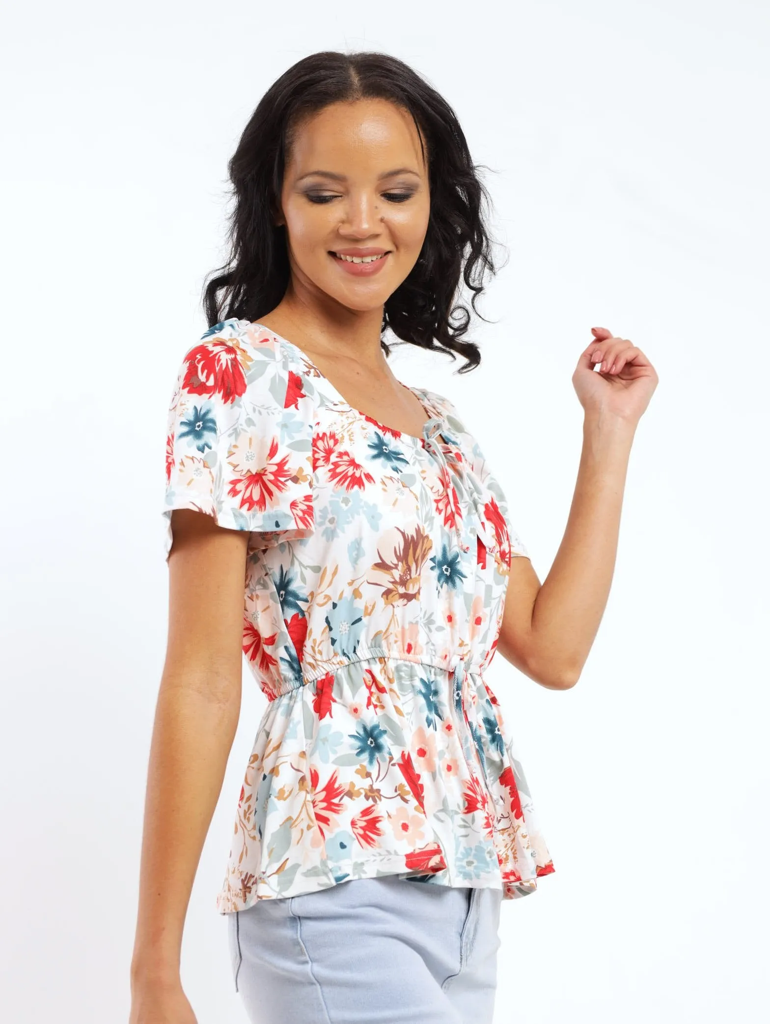 Ladies Short Sleeve Knit Peplum Tie Top