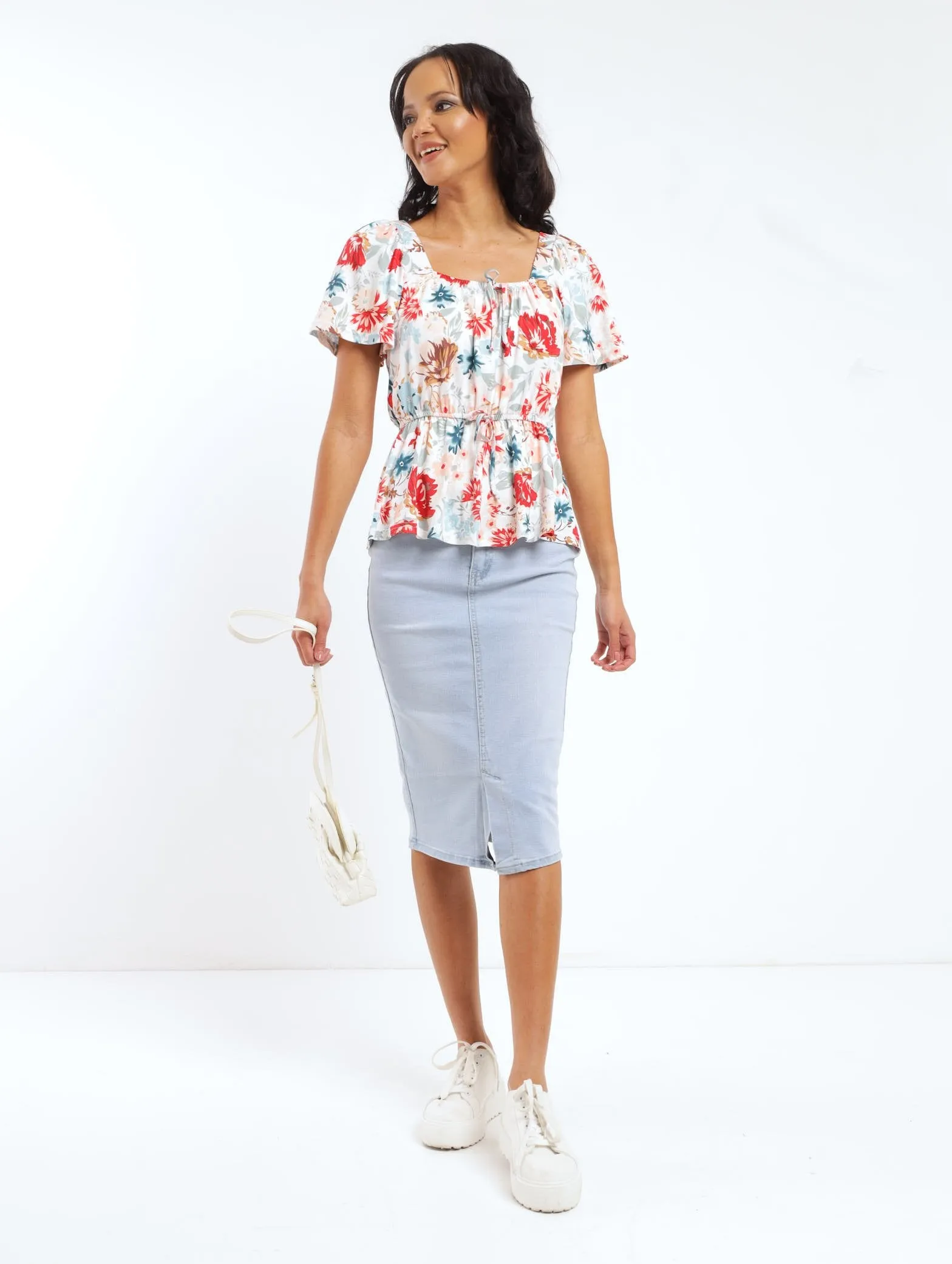 Ladies Short Sleeve Knit Peplum Tie Top