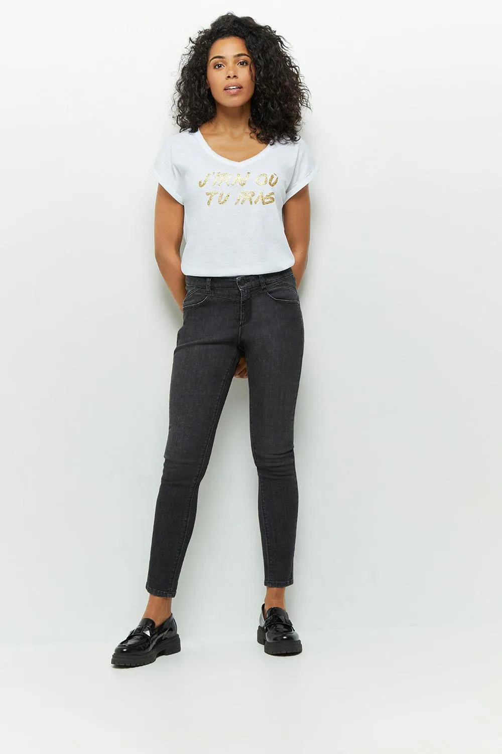 LE INDI - Jean slim gris chiné 7/8ème effet push up
