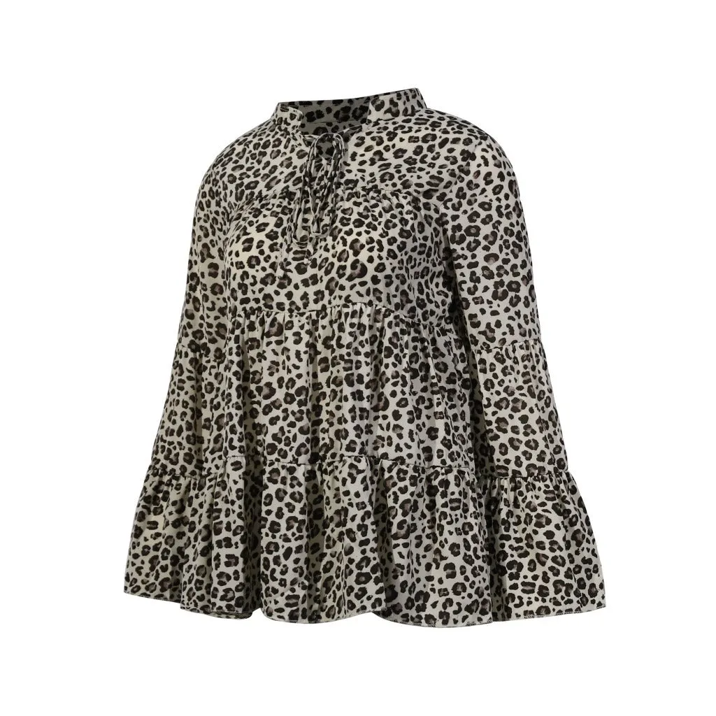 Leopard Print Lace-up Blouse Flared Sleeves Shirt