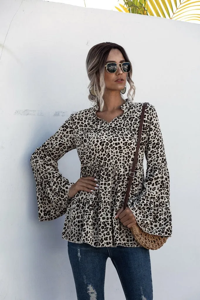 Leopard Print Lace-up Blouse Flared Sleeves Shirt