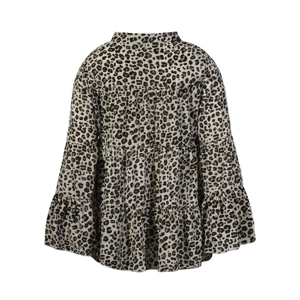 Leopard Print Lace-up Blouse Flared Sleeves Shirt