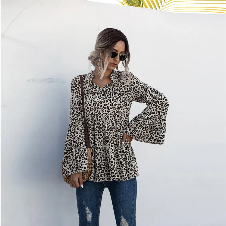 Leopard Print Lace-up Blouse Flared Sleeves Shirt