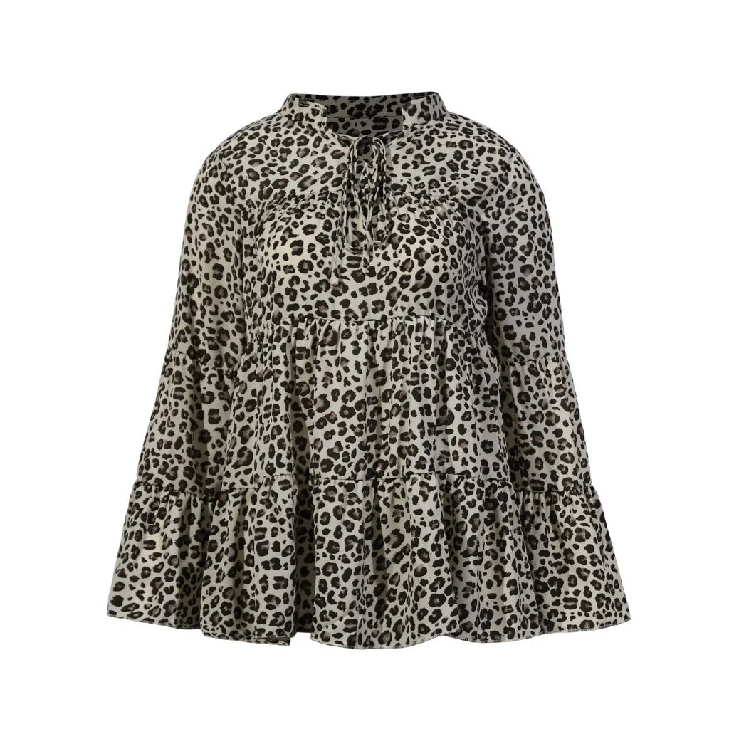 Leopard Print Lace-up Blouse Flared Sleeves Shirt