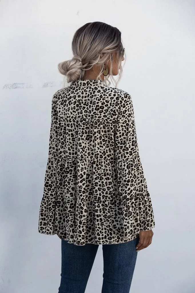 Leopard Print Lace-up Blouse Flared Sleeves Shirt