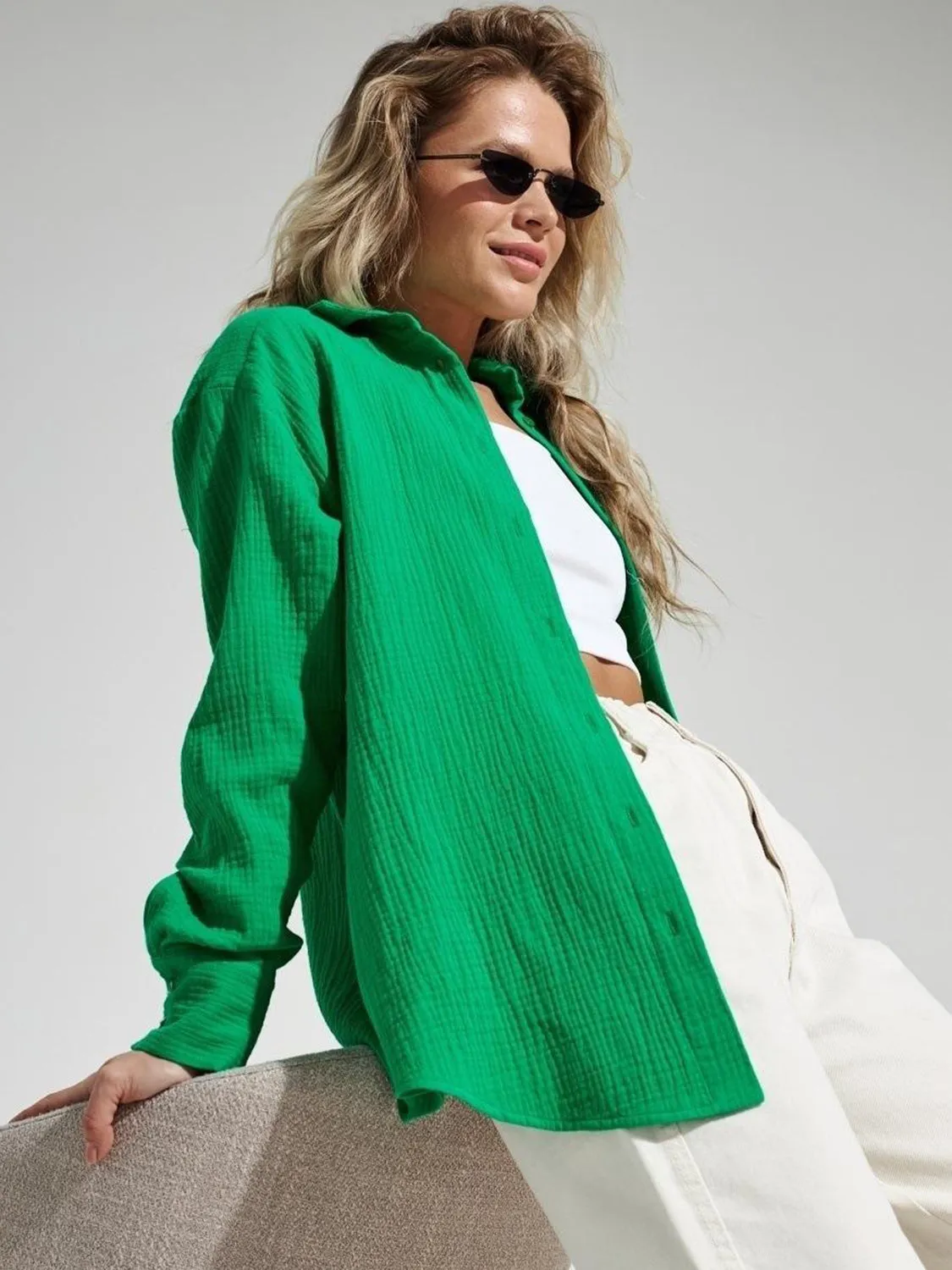 Lera Textured Collared Neck Long Sleeve Shirt