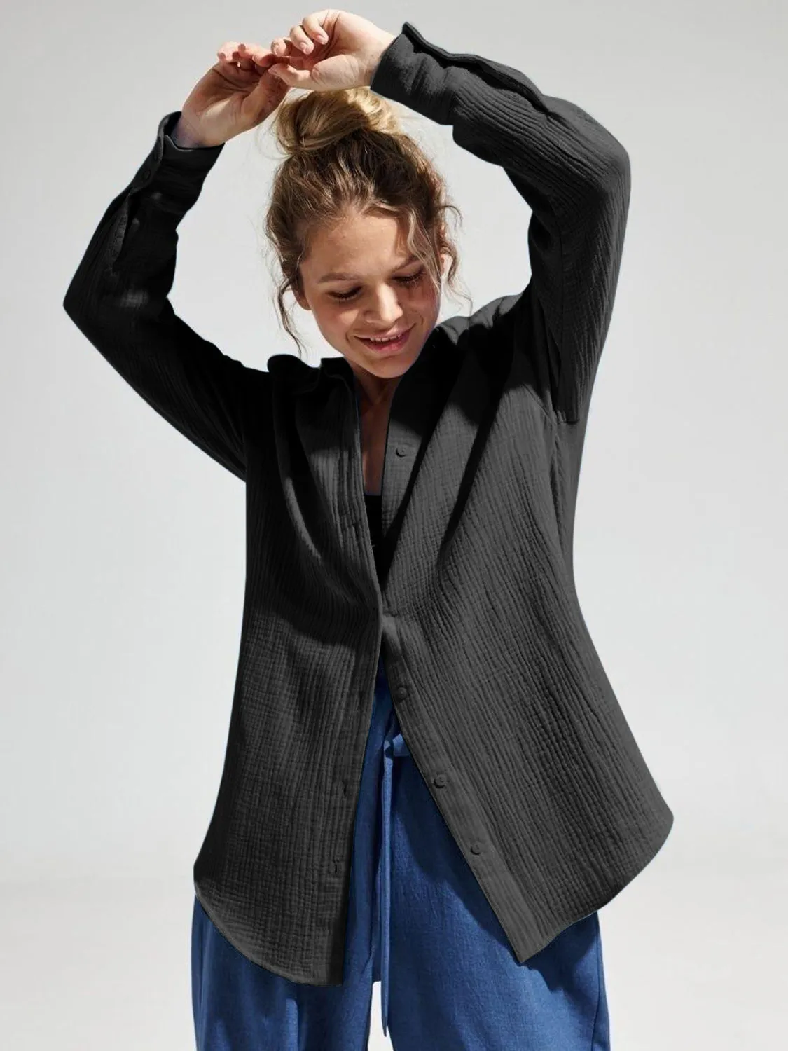 Lera Textured Collared Neck Long Sleeve Shirt