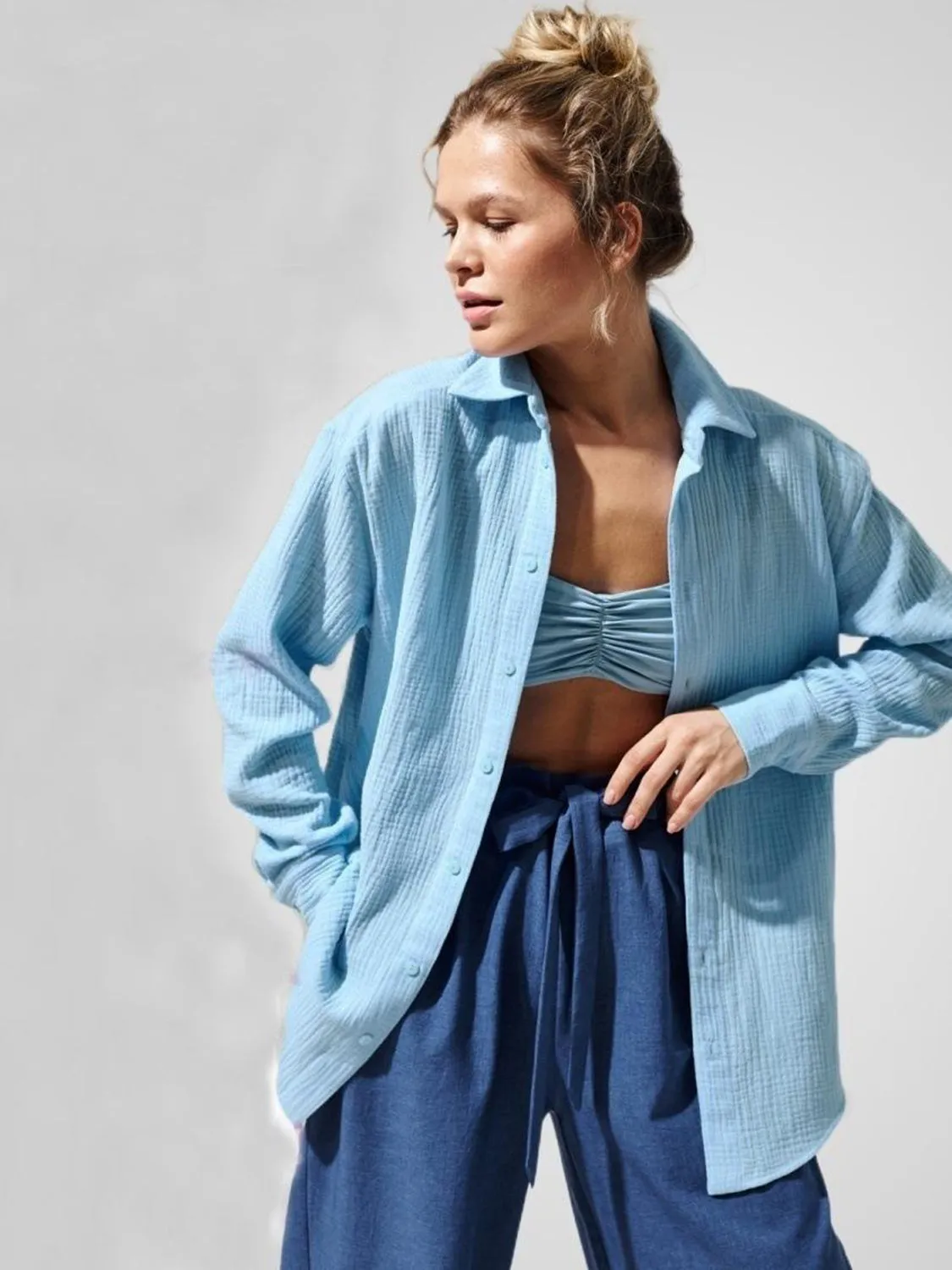 Lera Textured Collared Neck Long Sleeve Shirt