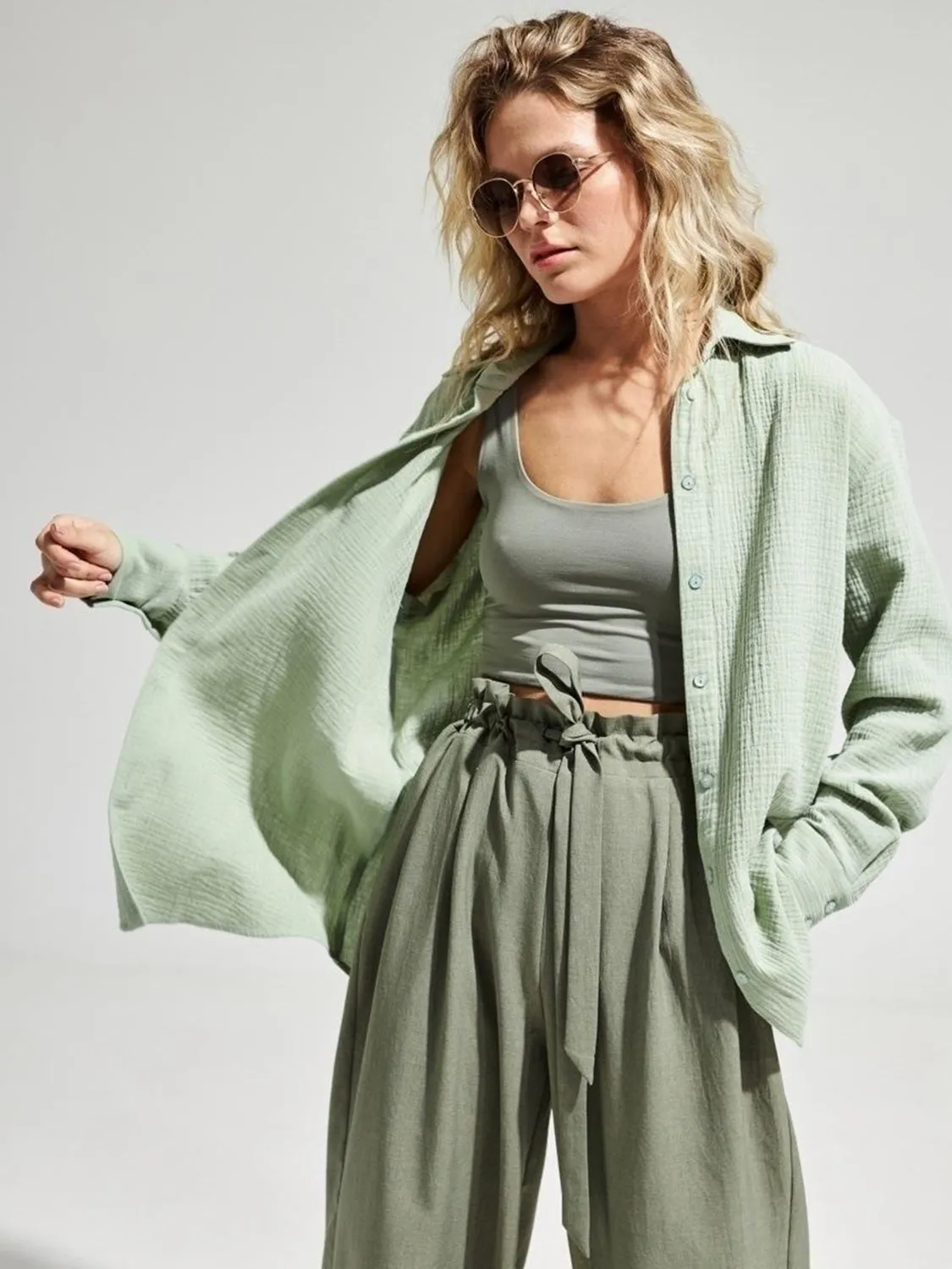 Lera Textured Collared Neck Long Sleeve Shirt