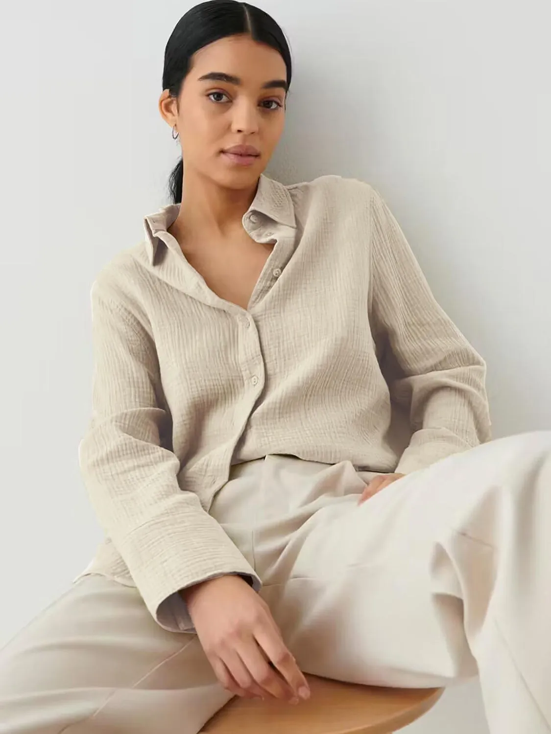 Lera Textured Collared Neck Long Sleeve Shirt