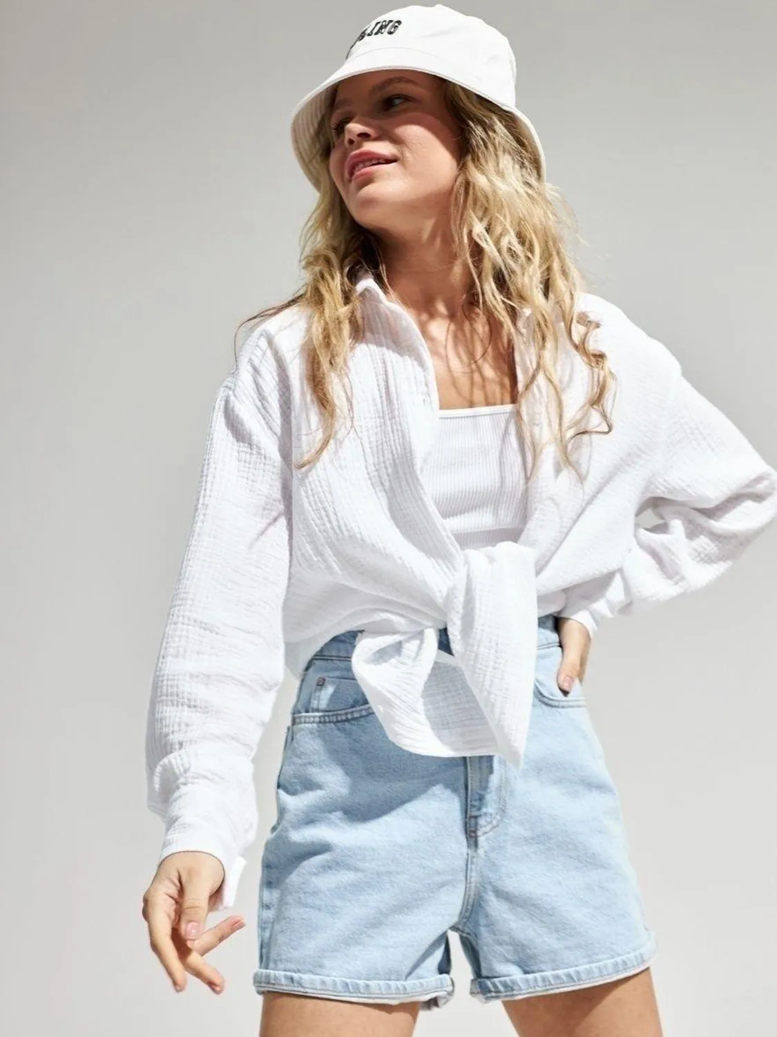 Lera Textured Collared Neck Long Sleeve Shirt