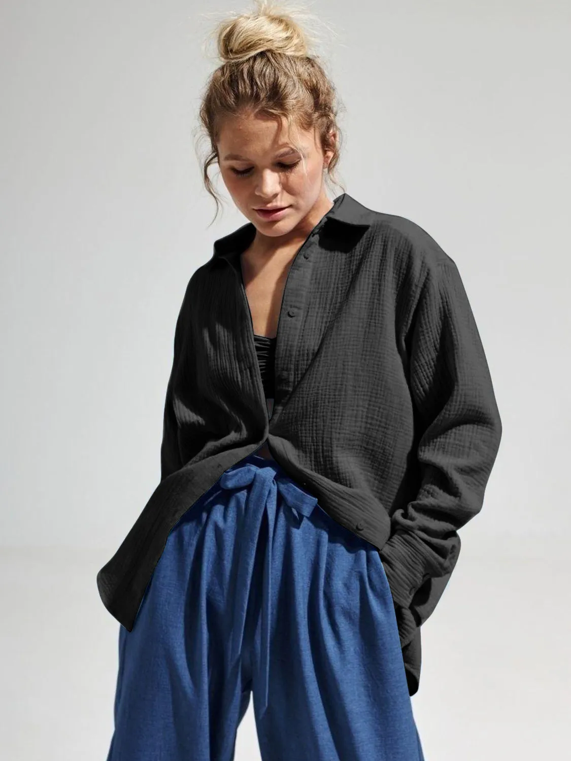 Lera Textured Collared Neck Long Sleeve Shirt