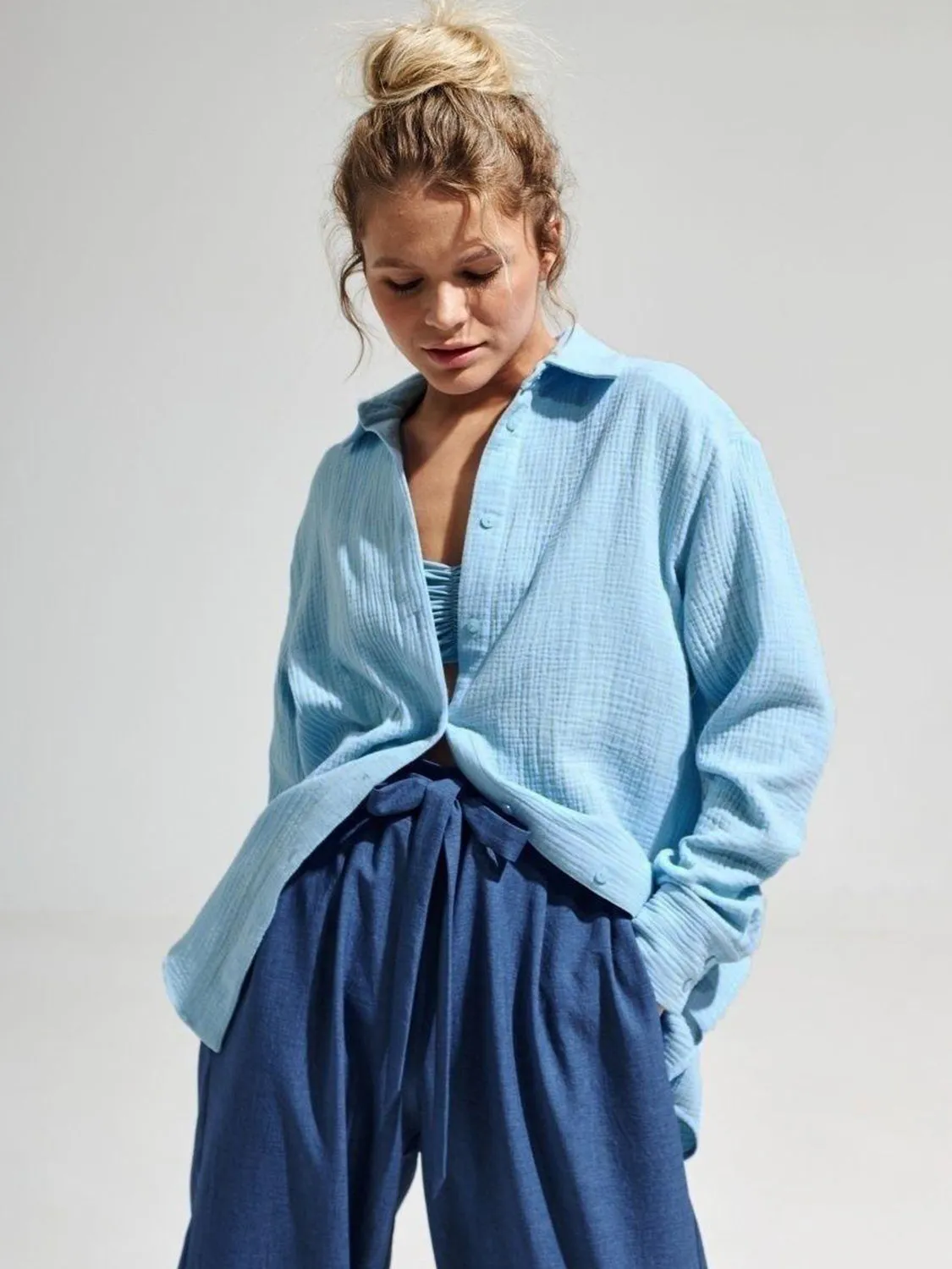 Lera Textured Collared Neck Long Sleeve Shirt