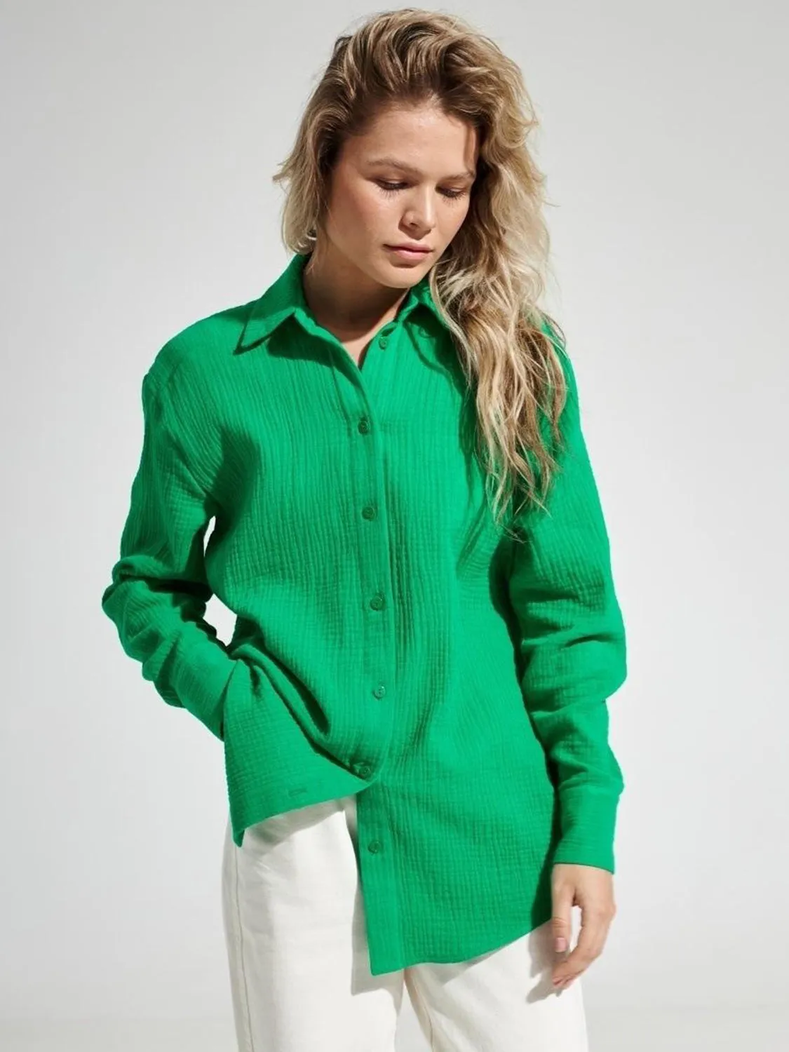 Lera Textured Collared Neck Long Sleeve Shirt