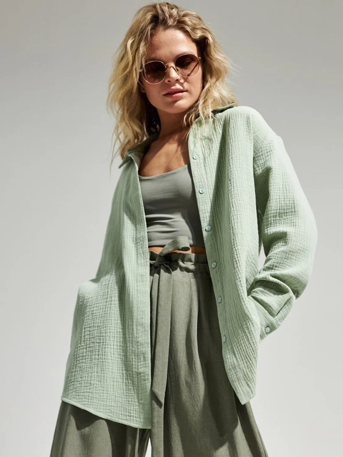 Lera Textured Collared Neck Long Sleeve Shirt
