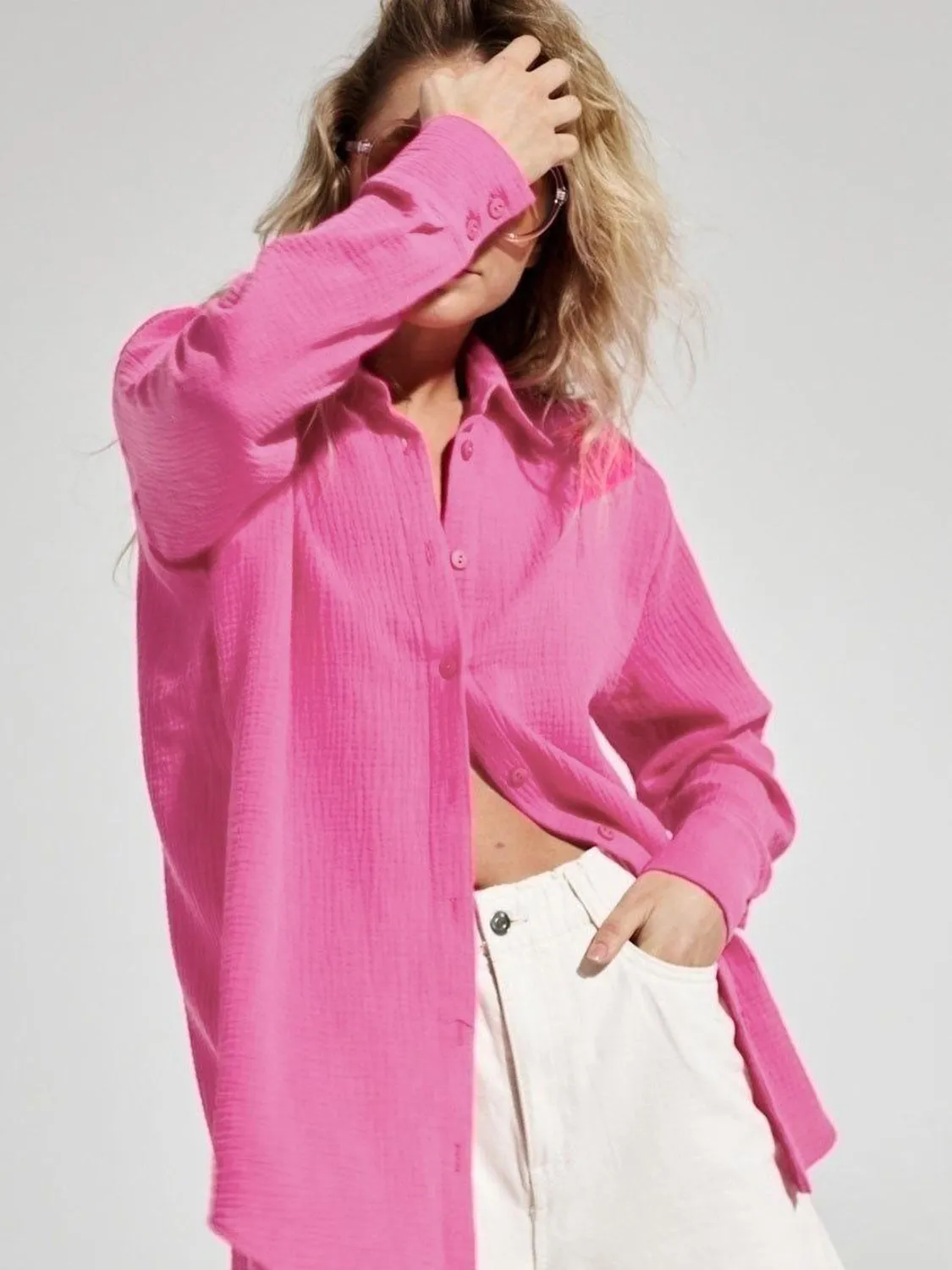 Lera Textured Collared Neck Long Sleeve Shirt
