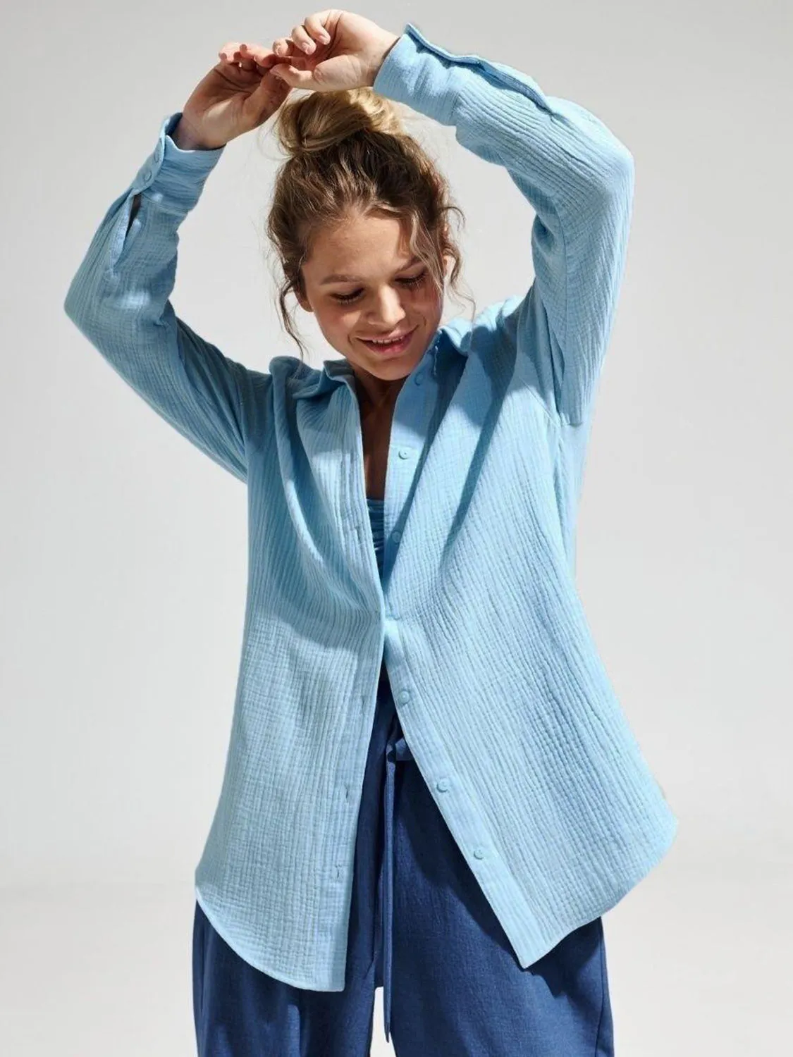 Lera Textured Collared Neck Long Sleeve Shirt