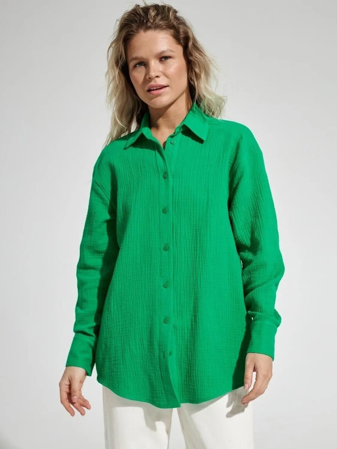Lera Textured Collared Neck Long Sleeve Shirt