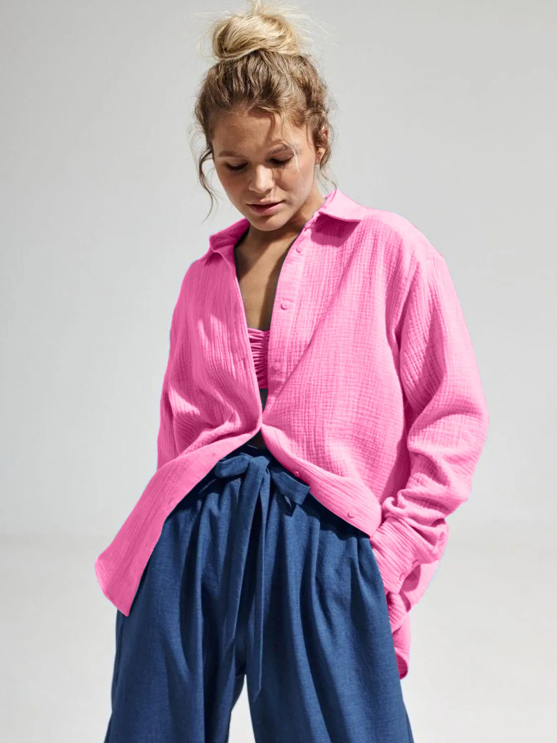 Lera Textured Collared Neck Long Sleeve Shirt
