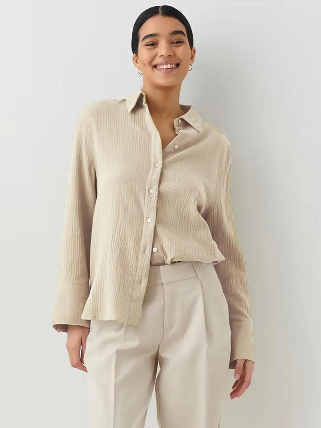Lera Textured Collared Neck Long Sleeve Shirt