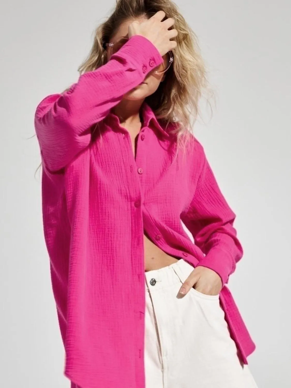 Lera Textured Collared Neck Long Sleeve Shirt