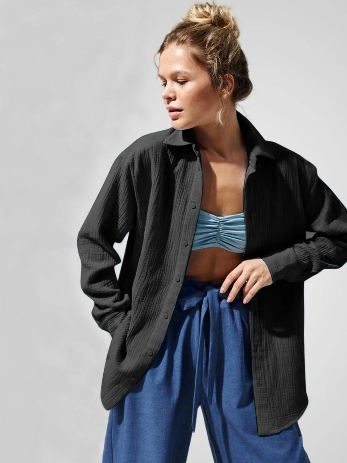 Lera Textured Collared Neck Long Sleeve Shirt