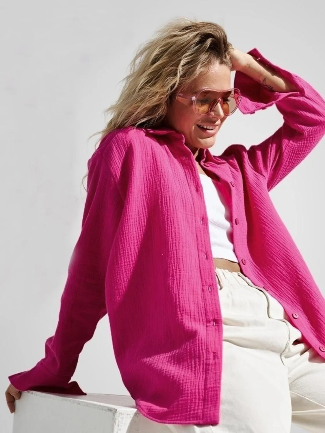 Lera Textured Collared Neck Long Sleeve Shirt