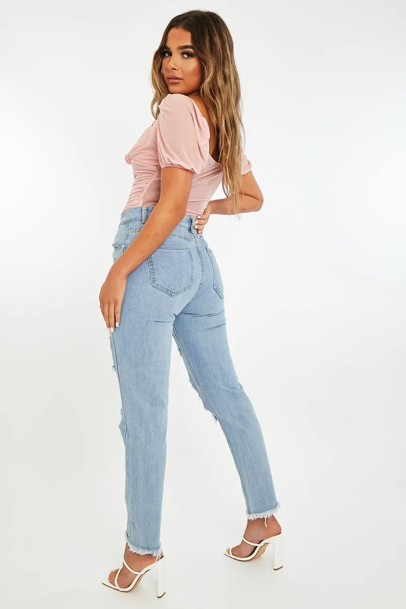 Light Blue Distressed Rip Frayed Straight Mom Jeans - Erin
