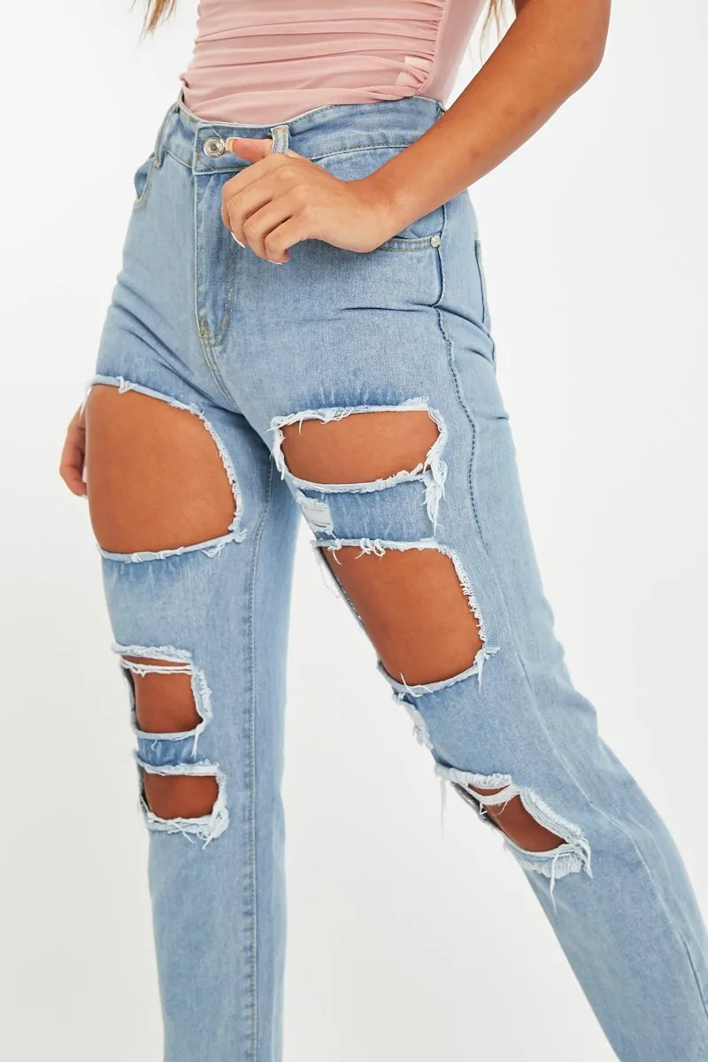 Light Blue Distressed Rip Frayed Straight Mom Jeans - Erin