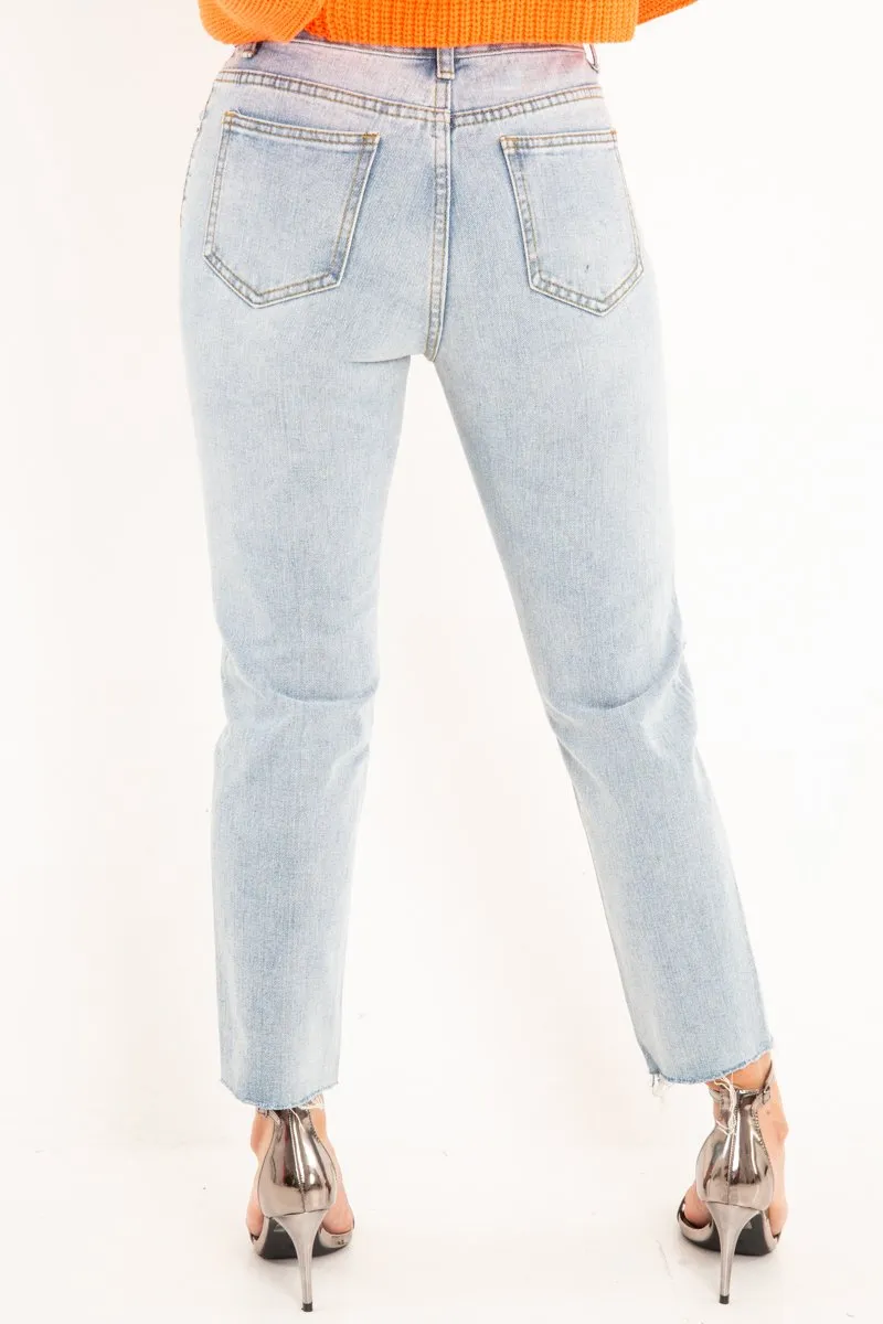 Light Wash Extreme Front Rip Mom Jeans - Miko