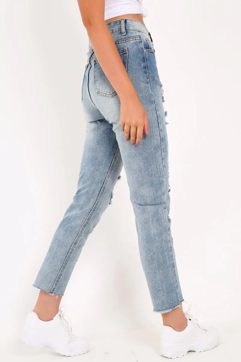 Light Wash Rip Front Distressed Mom Jeans - Merina
