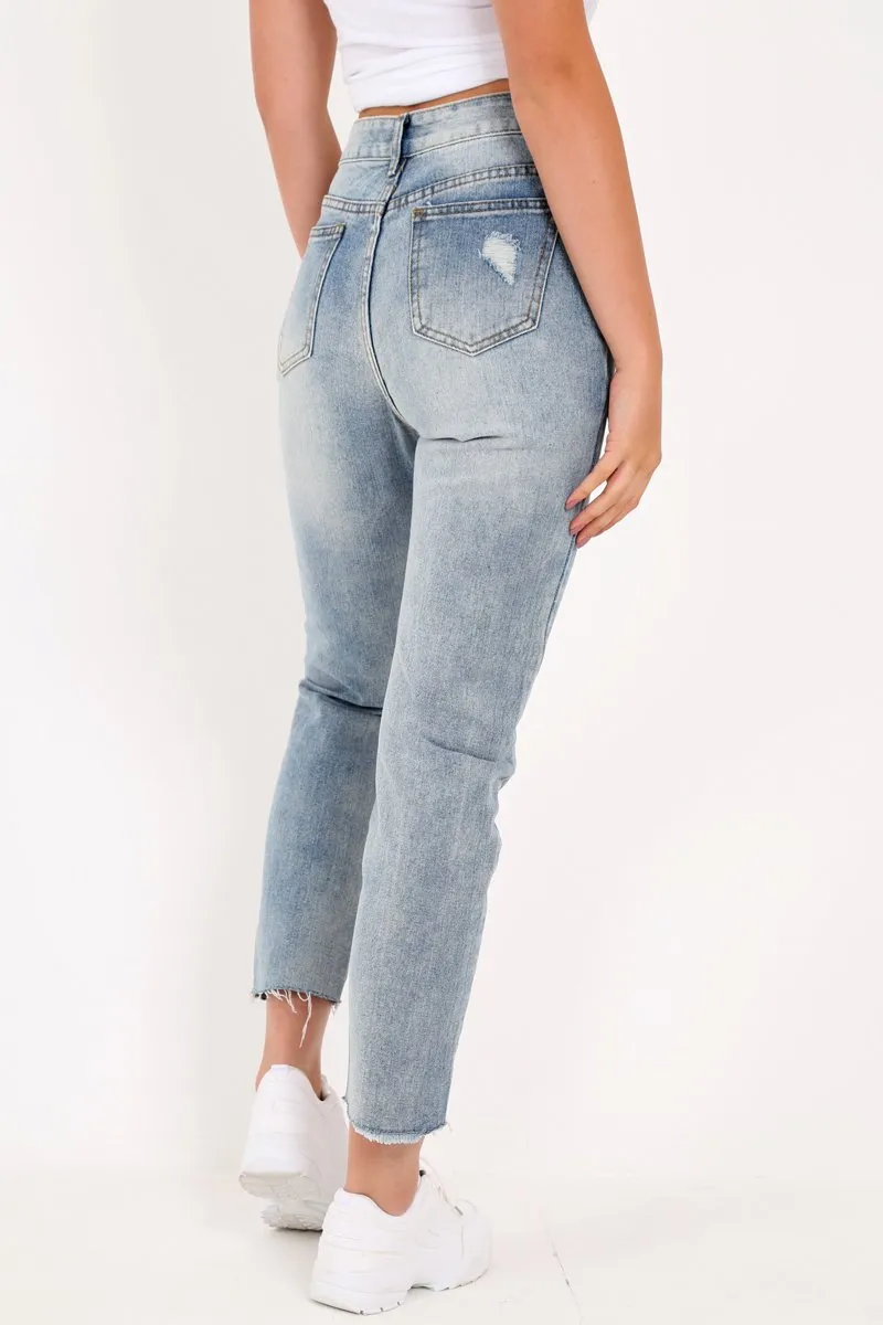 Light Wash Rip Front Distressed Mom Jeans - Merina