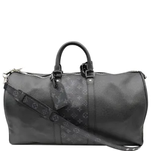 LOUIS VUITTON Keepall 50 Bandouliere Monogram Taiga Leather Travel Bag Black