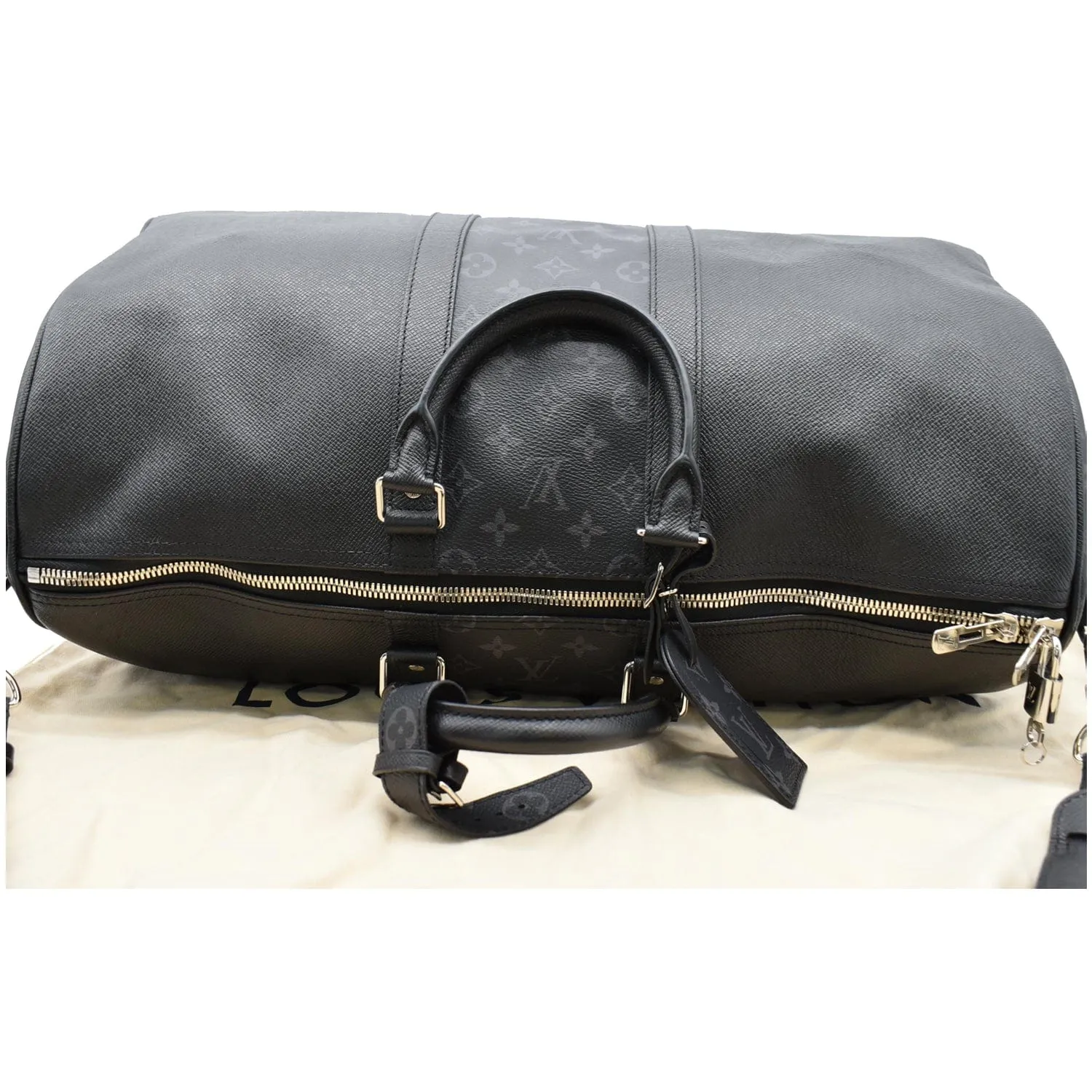 LOUIS VUITTON Keepall 50 Bandouliere Monogram Taiga Leather Travel Bag Black