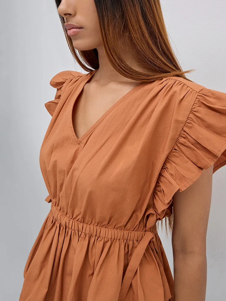 LOV Orange Ruffle-Detailed Peplum Top