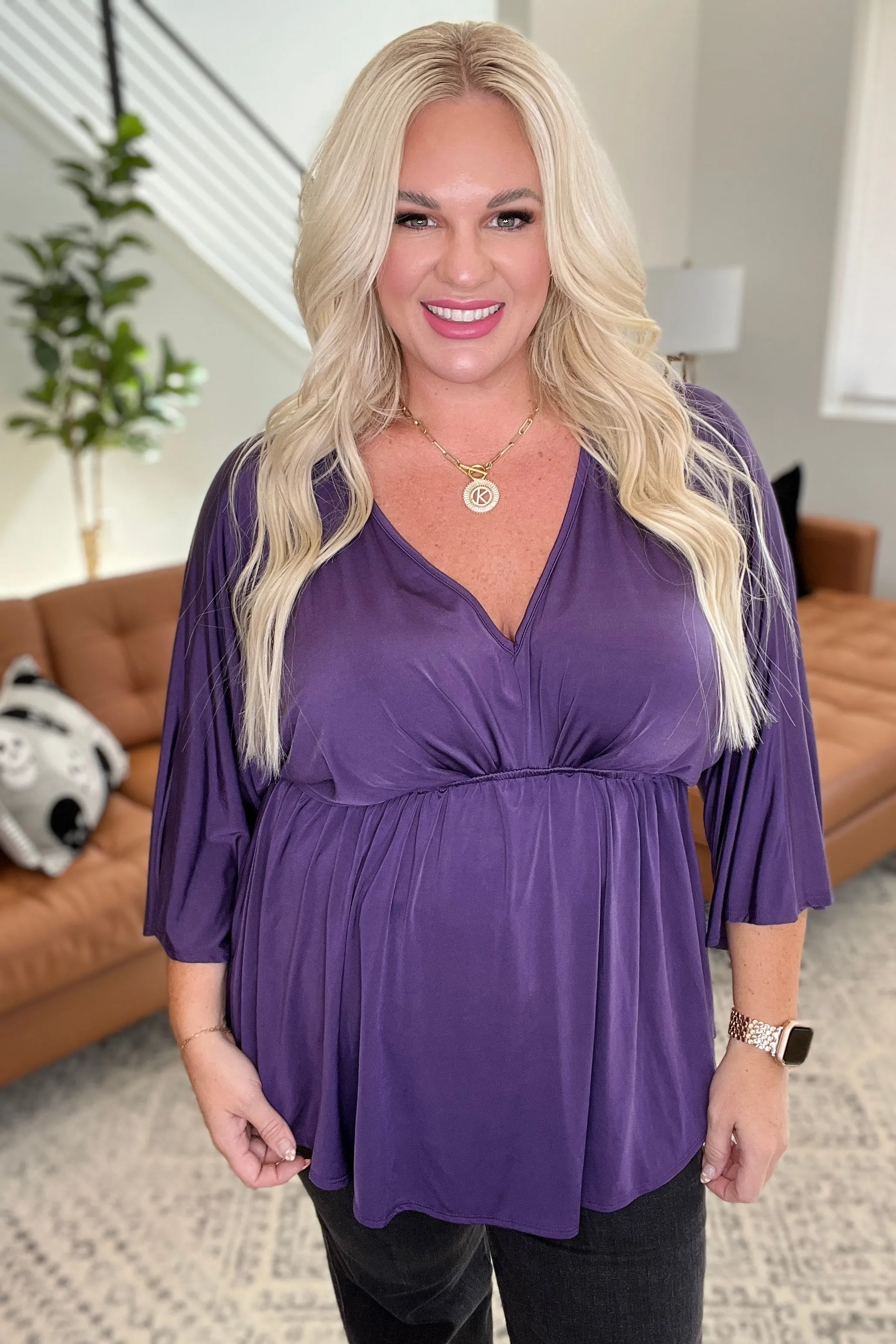 Love on the Line V-Neck Peplum Blouse in Deep Plum