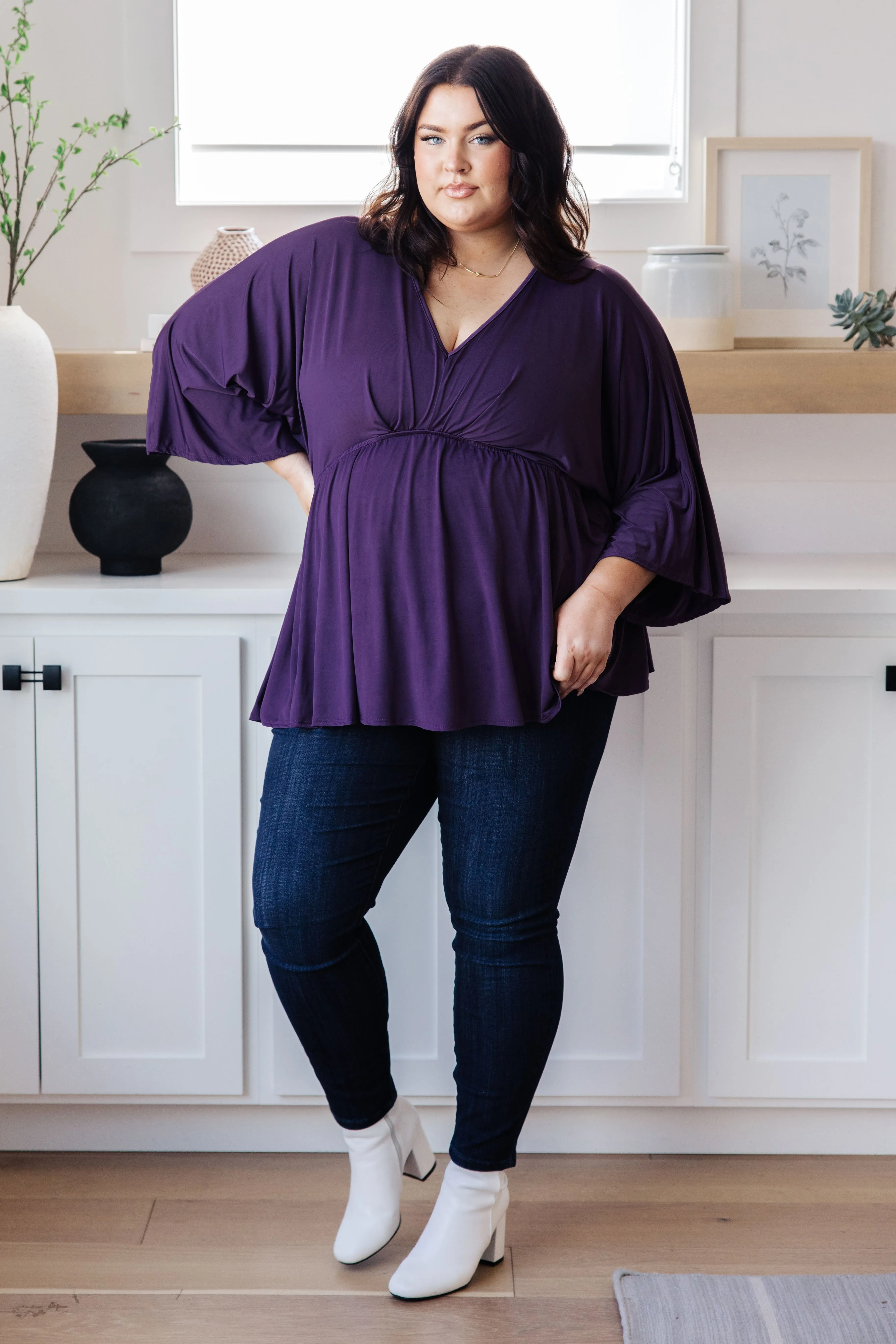 Love on the Line V-Neck Peplum Blouse in Deep Plum